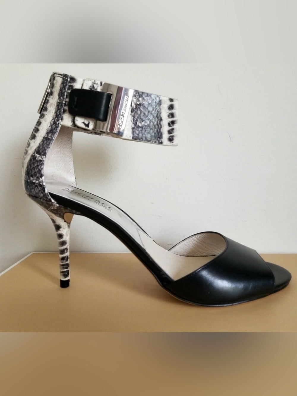 Michael Kors Black Leather Pump with Snakeskin Ankle Strap